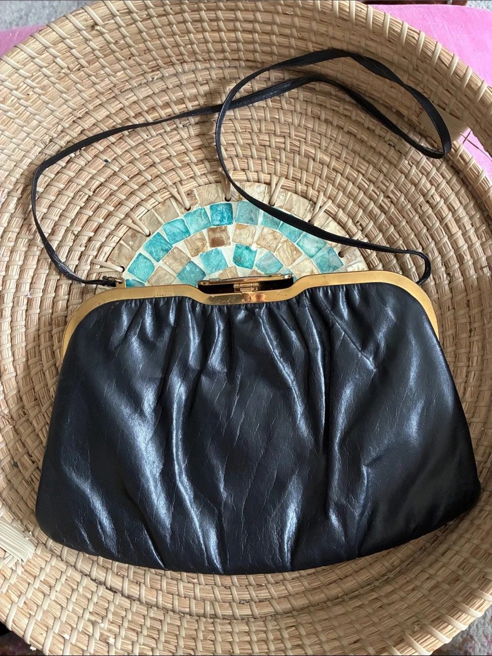 Mardane USA 1960’s Vintage Soft Black Leather Shoulder Bag with Gold Accent